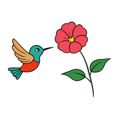 baby hummingbird flying near giant flowers vector art illustration.