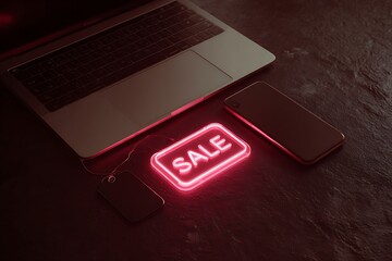 A modern workspace featuring a laptop, smartphone, and a glowing 'SALE' neon sign, promoting online shopping and discounts.