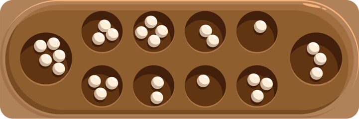 Wooden mancala board game with white playing pieces mid game, showing gameplay in progress