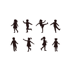 Collection of eight diverse black silhouettes of young children in various active playful poses on a white background