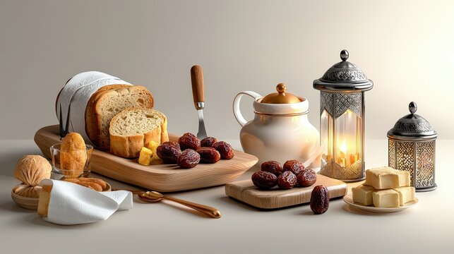 Elegant rustic breakfast setup with sliced bread croissants fresh fruit jam cheese honey lantern candle decorative items on neutral background - Powered by Adobe