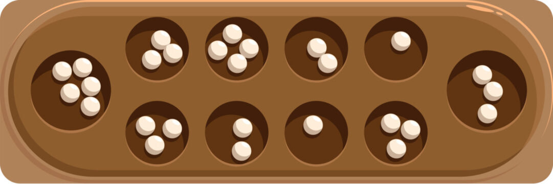 Wooden mancala board game with white playing pieces mid game, showing gameplay in progress