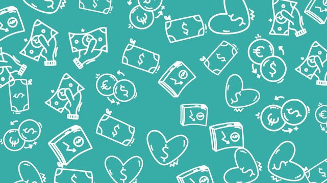 Animated seamless loop pattern featuring hand-drawn doodles of money, coins, dollar signs, hearts, and financial icons on a turquoise background. Perfect for finance-themed motion graphics, background