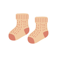 Cozy knitted baby socks in a warm beige color with ribbed cuffs and playful dotted texture perfect for winter warmth