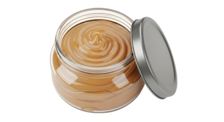 Open glass jar of moisturizing beauty cream, body butter, or facial mask product. isolated PNG with Transparent Background