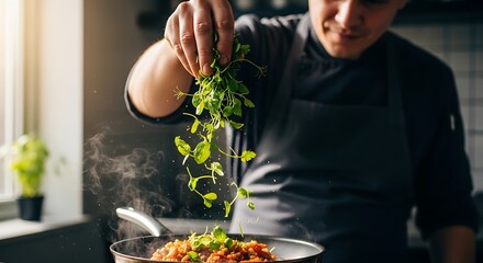 Chef garnishing a delicious meal in a pan with fresh herbs, creating a culinary masterpiece with care