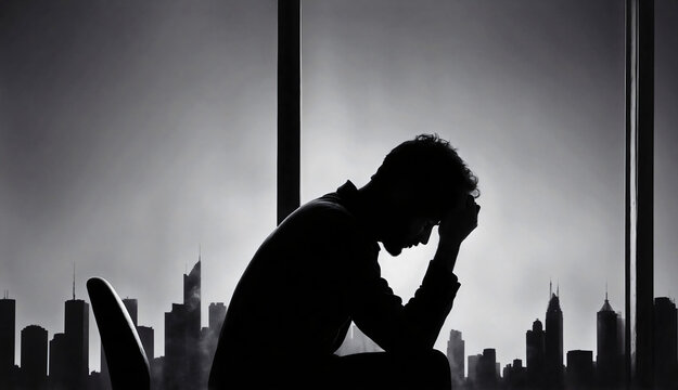 Silhouette of a man in deep contemplation, against the cityscape