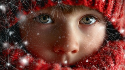 Captivated by winter: a child's heartfelt reaction to snow. Network architecture. Serene midwinter moment: child's first fascination with snow flurries. Digital network. Intelligent grid.