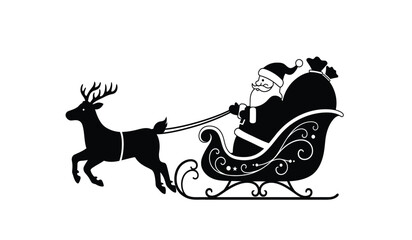 Iconic silhouette of santa claus driving sleigh pulled by reindeer silhouette festive holiday christmas celebration graphic isolated on white background © rsvect02