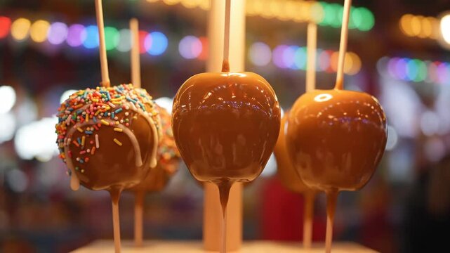 Caramel Apples at a Fair - This close-up shot features caramel apples on sticks, with one covered in colorful sprinkles.