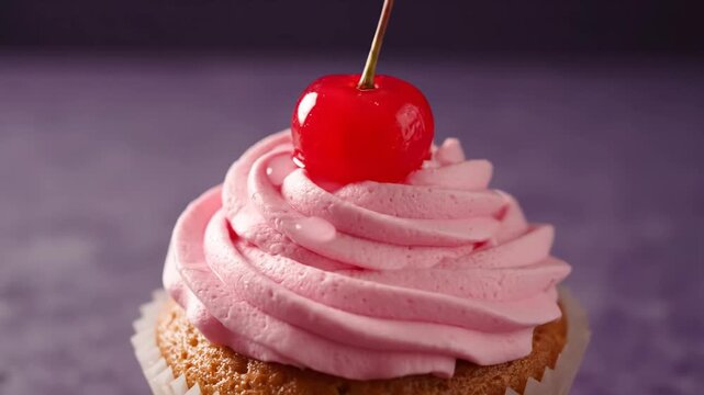 Delicious Pink Cherry Cupcake - A close up shot of a tasty cupcake with a pink frosting swirl on top, finished with a bright red maraschino cherry.