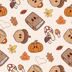 Cute Cozy Autumn Seamless Pattern with Books, Tea, Pumpkins and Leaves, Kawaii Fall Illustration