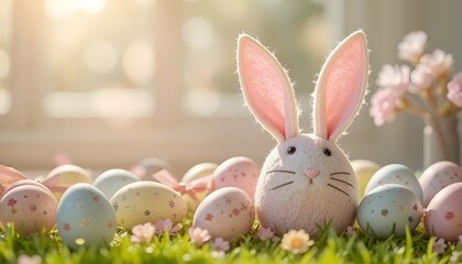 Cute pastel bunny ears made of felt placed beside painted eggs and ribbon bows, warm sunlight, cozy Easter decoration.