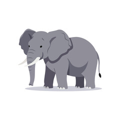 A friendly cartoon illustration of a large gray elephant with tusks standing on a white background with a shadow