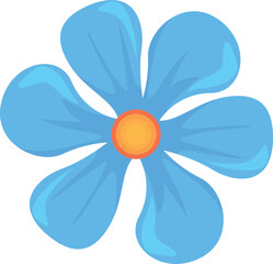 Cartoon illustration of a blue flower with five petals and orange center, representing nature, growth, and freshness