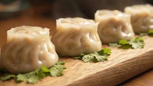 Steamed Dumplings on Wooden Board - A close-up shot shows a row of steamed dumplings presented on a rustic wooden board.