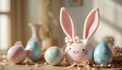 Cute pastel bunny ears made of felt placed beside painted eggs and ribbon bows, warm sunlight, cozy Easter decoration.