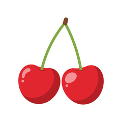 Two bright red cherries with green stems connected at the top isolated on a white background representing freshness and sweetness