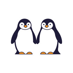 Two adorable cartoon penguins holding flippers together symbolizing friendship love and companionship in a simple flat design