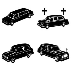 Illustration showing four black hearse vehicles with crosses in a symmetrical arrangement on white