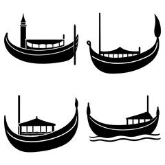 Four gondola boats in black silhouette with different designs and decorations on a white background