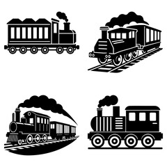 Four black and white train illustrations showcasing different locomotive and carriage designs in silhouette style