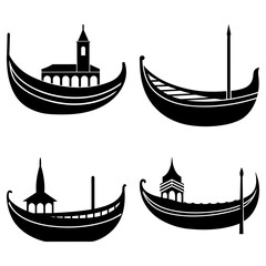 Four stylized gondola boat silhouettes with various architectural structures on them in black and white