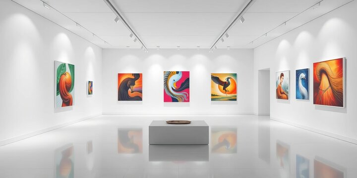 Sleek minimalist white gallery interior with spotlight on artwork,  space,  museum