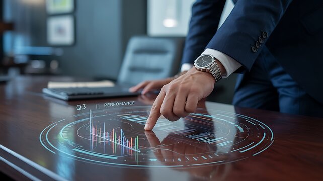 Businessman Analyzing Financial Data on a Futuristic Interactive Display