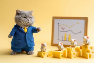 Business cat in blue suit presenting growth chart to mice team on cheese blocks in funny office setup