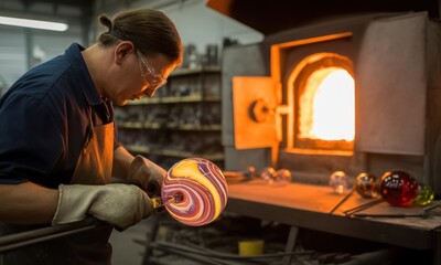 Glassblower shaping a colorful orb near a fiery furnace