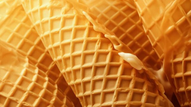 A stack of delicious waffle cones with a bite taken out from one of them.