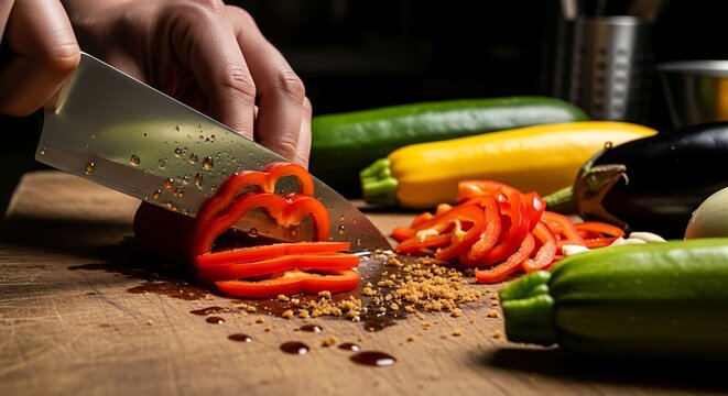 Close-up of hands slicing fresh red bell pepper on a wooden cutting board with zucchini and eggplant in the background, preparing for a healthy meal - Powered by Adobe
