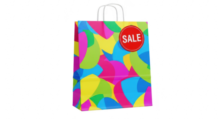 Colorful shopping bag with a sale sticker, perfect for advertising promotions and discounts, isolated on transparent background grab attention with this vibrant and eyecatching design