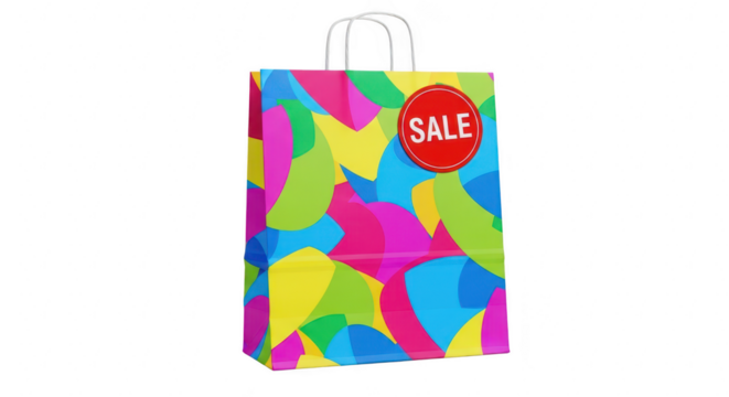 Colorful shopping bag with a sale sticker, perfect for advertising promotions and discounts, isolated on transparent background grab attention with this vibrant and eyecatching design