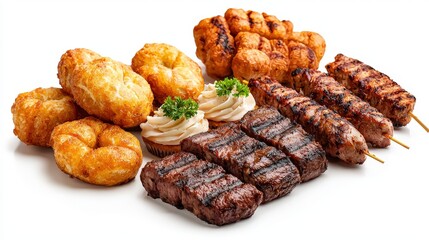 Assorted grilled and fried appetizers including skewered meat patties, crispy chicken nuggets, and seasoned ribs with garnishes on a white background