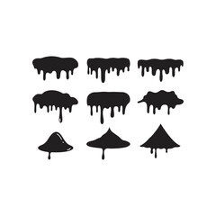 Collection of nine distinct black ink drip shapes and abstract blobs with liquid paint splatter effects for graphic design elements