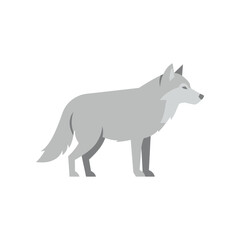 Stylized illustration of a gray wolf standing alertly with a neutral expression on a clean white background