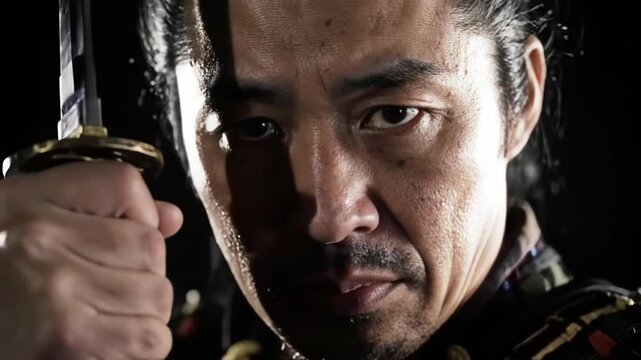 Samurai Warrior with Katana Sword, close Up on a Dark Background