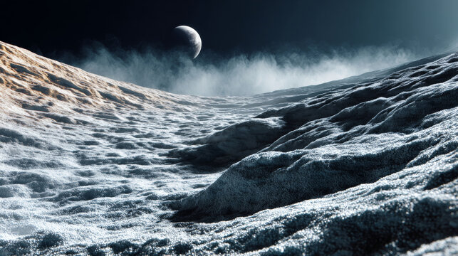 A crescent moon hangs in the sky above a snowy, rocky landscape on an alien planet - Powered by Adobe
