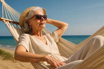 Mature woman relaxing in hammock with hat and sunglasses by sea on summer vacation