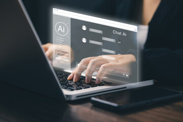 A woman typing on a laptop with a transparent AI chatbot interface, representing artificial intelligence, virtual assistant, machine learning, and digital customer communication platform.