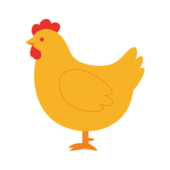 A simple cartoon illustration of a bright yellow hen standing on its orange feet against a white background