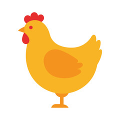 Cute cartoon illustration of a yellow hen standing on one leg with a red comb and wattle isolated on white background