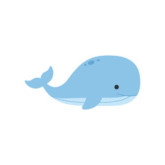 Cute cartoon blue whale illustration with a friendly face swimming gracefully in the ocean water
