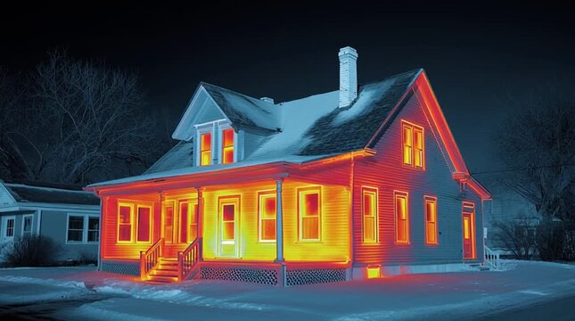 Industrial thermal camera view of a house on a cold winter night, with heat loss glowing in red and yellow around windows, doors, and roof, visualizing energy inefficiency and insulation problems.
