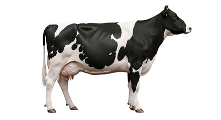 Black and white Holstein dairy cow standing profile for agriculture and livestock concepts isolated PNG with Transparent Background