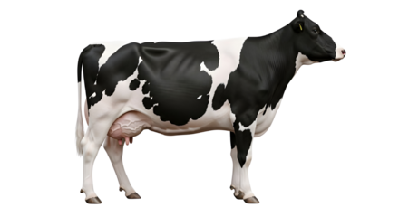 Black and white Holstein dairy cow standing profile for agriculture and livestock concepts isolated PNG with Transparent Background