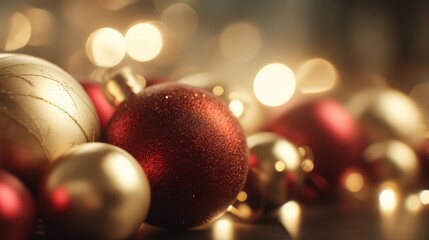 Christmas ornaments with bokeh lights background, festive mood
