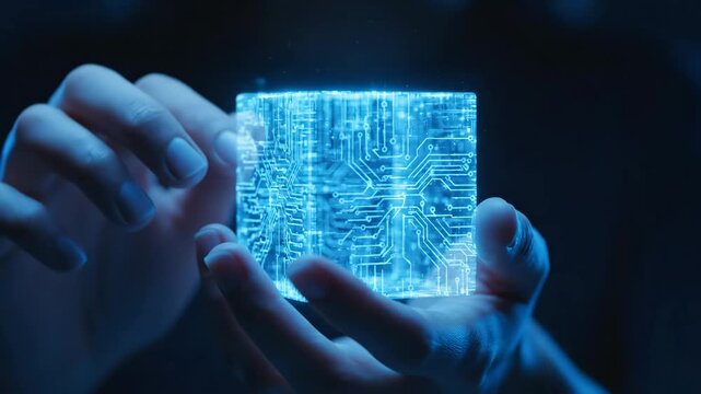 Digital Technology Cube in Hands - Close-up shot shows a pair of hands holding a translucent cube with circuit board patterns etched inside.